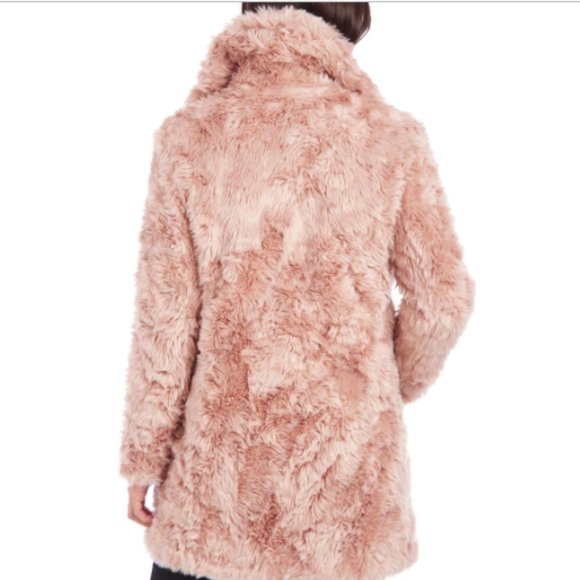 KENDALL + KYLIE CURLY FAUX FUR MID-LENGTH JACKET BLUSH FAUX FUR  REVERSIBLE - Picture 14 of 16